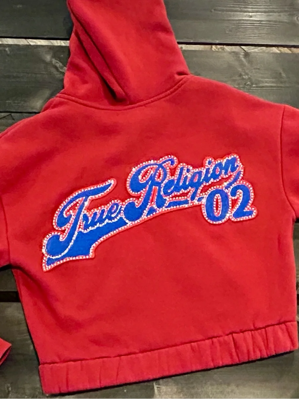 True Religion Crystal Patch Varsity Hoodie - Red Dahlia Cropped Zip Up XS